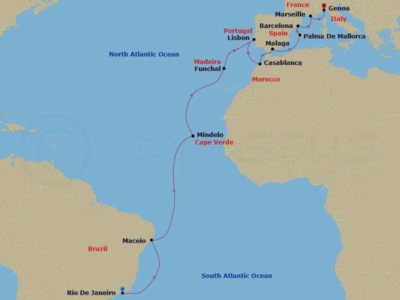 22 Night - Msc Grand Voyages - MSC Seaview - Starting in Rio De Janeiro, Brazil, Maceio, Brazil, Mindelo, Cape Verde, Funchal (Madeira Islands), Portugal, Lisbon (Cascais), Portugal, Casablanca (Marrakesh), Morocco, Malaga (Granada), Spain, Palma De Mallorca (Baleari Is), Spain, Barcelona, Spain, Marseille (Provence), France, Genoa (Portofino), Italy itinerary map