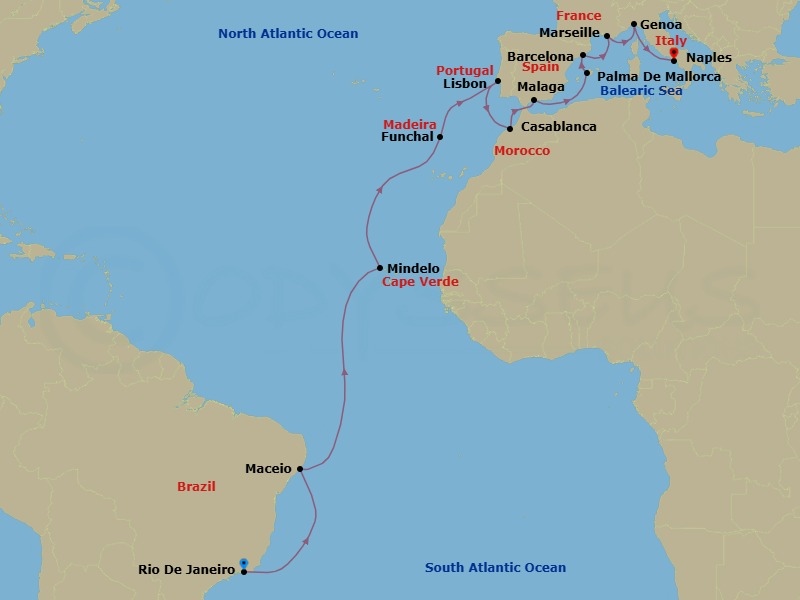 23 Night - Msc Grand Voyages - MSC Seaview - Starting in Rio De Janeiro, Brazil, Maceio, Brazil, Mindelo, Cape Verde, Funchal (Madeira Islands), Portugal, Lisbon (Cascais), Portugal, Casablanca (Marrakesh), Morocco, Malaga (Granada), Spain, Palma De Mallorca (Baleari Is), Spain, Barcelona, Spain, Marseille (Provence), France, Genoa (Portofino), Italy, Naples (Pompeii), Italy itinerary map