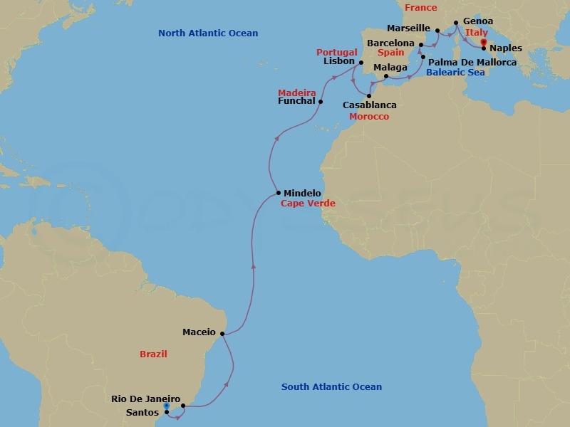 24 Night - Msc Grand Voyages - MSC Seaview - Starting in Santos (Sao Paulo), Brazil, Rio De Janeiro, Brazil, Maceio, Brazil, Mindelo, Cape Verde, Funchal (Madeira Islands), Portugal, Lisbon (Cascais), Portugal, Casablanca (Marrakesh), Morocco, Malaga (Granada), Spain, Palma De Mallorca (Baleari Is), Spain, Barcelona, Spain, Marseille (Provence), France, Genoa (Portofino), Italy, Naples (Pompeii), Italy itinerary map