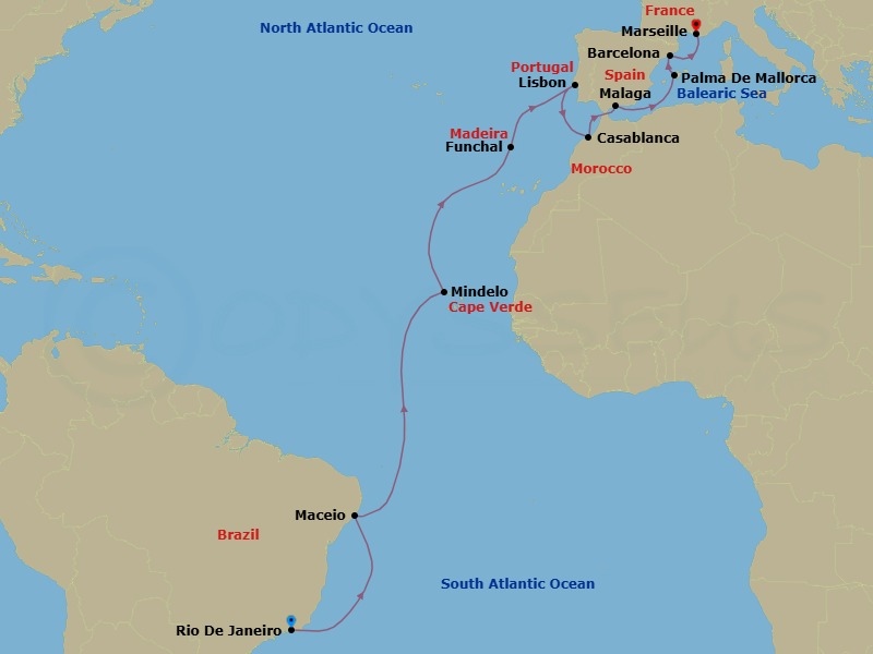 21 Night - MSC Grand Voyages - MSC Seaview - Starting in Rio De Janeiro, Brazil, Maceio, Brazil, Mindelo, Cape Verde, Funchal (Madeira Islands), Portugal, Lisbon (Cascais), Portugal, Casablanca (Marrakesh), Morocco, Malaga (Granada), Spain, Palma De Mallorca (Baleari Is), Spain, Barcelona, Spain, Marseille (Provence), France itinerary map