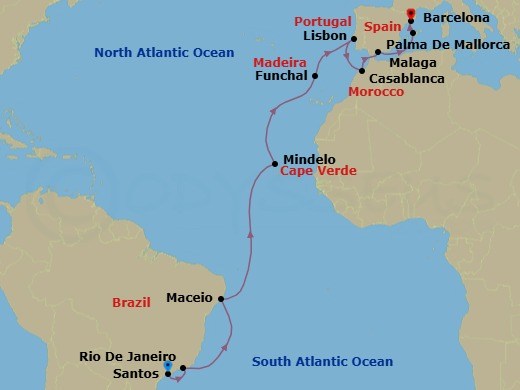 21 Night - Msc Grand Voyages - MSC Seaview - Starting in Santos (Sao Paulo), Brazil, Rio De Janeiro, Brazil, Maceio, Brazil, Mindelo, Cape Verde, Funchal (Madeira Islands), Portugal, Lisbon (Cascais), Portugal, Casablanca (Marrakesh), Morocco, Malaga (Granada), Spain, Palma De Mallorca (Baleari Is), Spain, Barcelona, Spain itinerary map