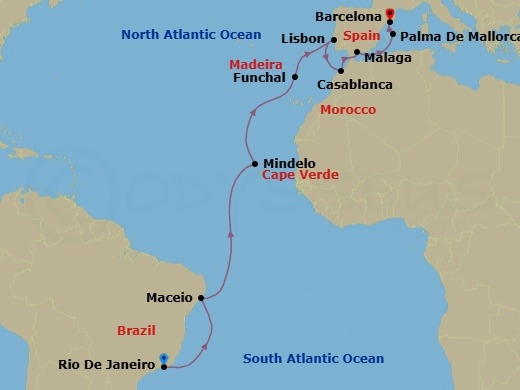 20 Night - MSC Grand Voyages - MSC Seaview - Starting in Rio De Janeiro, Brazil, Maceio, Brazil, Mindelo, Cape Verde, Funchal (Madeira Islands), Portugal, Lisbon (Cascais), Portugal, Casablanca (Marrakesh), Morocco, Malaga (Granada), Spain, Palma De Mallorca (Baleari Is), Spain, Barcelona, Spain itinerary map