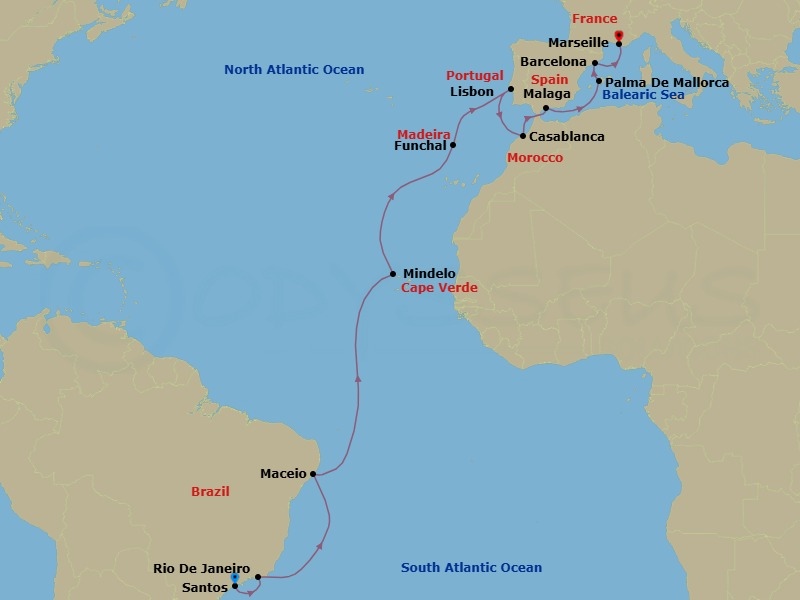 22 Night - Msc Grand Voyages - MSC Seaview - Starting in Santos (Sao Paulo), Brazil, Rio De Janeiro, Brazil, Maceio, Brazil, Mindelo, Cape Verde, Funchal (Madeira Islands), Portugal, Lisbon (Cascais), Portugal, Casablanca (Marrakesh), Morocco, Malaga (Granada), Spain, Palma De Mallorca (Baleari Is), Spain, Barcelona, Spain, Marseille (Provence), France itinerary map