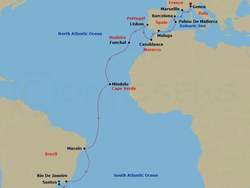 23 Night - Msc Grand Voyages - MSC Seaview - Starting in Santos (Sao Paulo), Brazil, Rio De Janeiro, Brazil, Maceio, Brazil, Mindelo, Cape Verde, Funchal (Madeira Islands), Portugal, Lisbon (Cascais), Portugal, Casablanca (Marrakesh), Morocco, Malaga (Granada), Spain, Palma De Mallorca (Baleari Is), Spain, Barcelona, Spain, Marseille (Provence), France, Genoa (Portofino), Italy itinerary map
