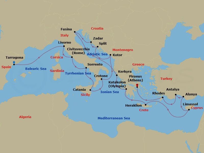 21 Night - Italy, Greece & Turkey Combination Cruise : Rome, Venice & Athens - Azamara Journey - Starting in Barcelona (Tarragona), Florence / Pisa (Livorno), Rome (Civitavecchia), Sorrento, Catania, (Sicily), Crotone, Kotor, Split, Zadar, Venice (Fusina), Corfu, Olympia (Katakolon), Heraklion, (Crete), Limassol, Alanya, Antalya, Rhodes, Athens (Piraeus) itinerary map
