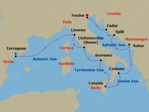 10 Night - Italy, Montenegro & Croatia Cruise : Rome, Kotor & Zadar - Azamara Journey - Starting in Barcelona (Tarragona), Florence / Pisa (Livorno), Rome (Civitavecchia), Sorrento, Catania, (Sicily), Crotone, Kotor, Split, Zadar, Venice (Fusina) itinerary map