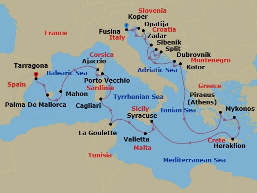 21 Night - Italy, Croatia & Spain Combination Cruise : Venice, Split & Majorca - Azamara Journey - Starting in Venice (Fusina), Koper, Opatija, Zadar, Split, Sibenik, Dubrovnik, Croatia, Kotor, Athens (Piraeus), Mykonos, Heraklion, (Crete), Siracusa, Sicily, Valletta, La Goulette, Cagliari, Sardinia, Porto Vecchio, Corsica, Ajaccio, Corsica, Mahon, Menorca, Palma, Majorca, Barcelona (Tarragona) itinerary map