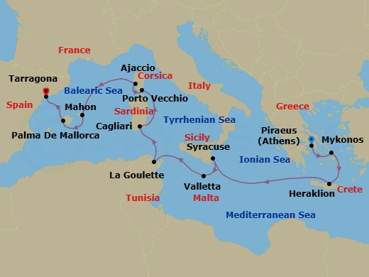 12 Night - Best of the Mediterranean Cruise : Crete, Sicily, Corsica & Majorca - Azamara Journey - Starting in Athens (Piraeus), Mykonos, Heraklion, (Crete), Siracusa, Sicily, Valletta, La Goulette, Cagliari, Sardinia, Porto Vecchio, Corsica, Ajaccio, Corsica, Mahon, Menorca, Palma, Majorca, Barcelona (Tarragona) itinerary map