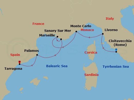 7 Night - Italy, France & Spain Cruise : Rome, Florence & Tarragona - Azamara Journey - Starting in Rome (Civitavecchia), Florence / Pisa (Livorno), Monte Carlo, Provence (Marseille), Sanary-sur-mer, Palamos, Barcelona (Tarragona) itinerary map