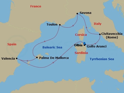 7 Night - Mediterranean Roundtrip from Olbia - Costa Pacifica - Starting in Olbia, Italy, Golfo Aranci, Civitavecchia / Rome, Savona, Italy, La Seyne-sur-Mer / Saint-Tropez, Palma de Mallorca, Spain, La Palma, Valencia, Spain, El punto mas oscuro del mar de las, Balearic Islands, Olbia, Italy itinerary map