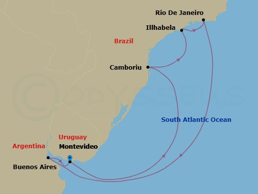 8 Night - South America Roundtrip from Montevideo - Costa Serena - Starting in Montevideo, Uruguay, Camboriu, Brazil, Baia De Camboriu, Ilhabela, Brazil, Rio de Janeiro, Brazil, Buenos Aires, Argentina, Montevideo, Uruguay itinerary map