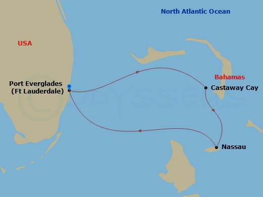5 Night - Very Merrytime Bahamian Cruise from Fort Lauderdale - Disney Destiny - Starting in Port Everglades, Castaway Cay, Disney Lookout Cay, Nassau, Port Everglades itinerary map