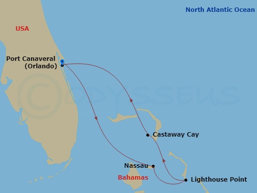 5 Night - Bahamian Cruise from Port Canaveral - Disney Destiny - Starting in Port Canaveral, Nassau, Disney Lookout Cay, Castaway Cay, Port Canaveral itinerary map