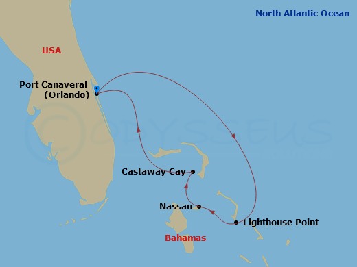 5 Night - Bahamian Cruise from Port Canaveral - Disney Destiny - Starting in Port Canaveral, Disney Lookout Cay, Nassau, Castaway Cay, Port Canaveral itinerary map