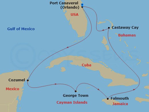 7 Night - Western Caribbean Cruise from Port Canaveral - Disney Treasure - Starting in Port Canaveral, Cozumel, Mexico, George Town, Grand Cayman, Falmouth, Castaway Cay, Port Canaveral itinerary map