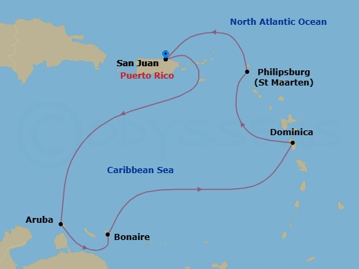 7 Night - Southern Caribbean Cruise from San Juan - Disney Wish - Starting in San Juan, Aruba, Bonaire, Dominica, Philipsburg, St Maarten, San Juan itinerary map