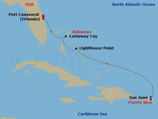 4 Night - Eastern Caribbean Cruise from San Juan Ending in Port Canaveral - Disney Wish - Starting in San Juan, Disney Lookout Cay, Castaway Cay, Port Canaveral itinerary map