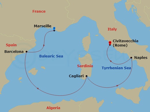 5 Night - Southern Europe from Marseille to Rome (Civitavecchia) - Costa Toscana - Starting in Marseille, Barcelona, Cagliari, Naples, Civitavecchia (Rome) itinerary map