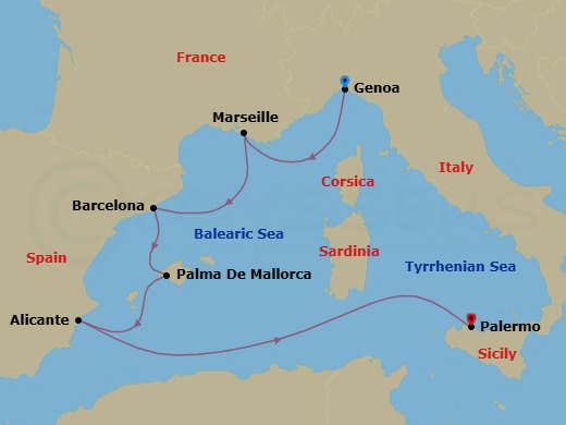 6 Night - Cruise from Genoa to Palermo - Costa Toscana - Starting in Genoa (Portofino), Marseille, Barcelona, Palma De Mallorca, Alicante, Palermo itinerary map