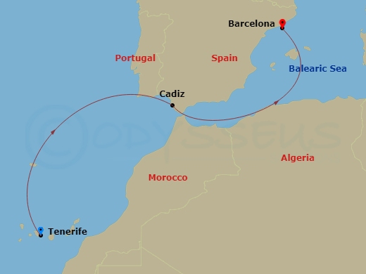 4 Night - Western Mediterranean from S. Cruz De Tenerife - Costa Smeralda - Starting in Santa Cruz de Tenerife, Cadiz, Barcelona itinerary map
