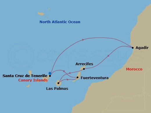 7 Night - Western Mediterranean from S. Cruz De Tenerife - Costa Smeralda - Starting in Santa Cruz de Tenerife, Agadir, Arrecife (Lanzarote), Las Palmas (Gran Canaria), Port Rosario (Fuerteventura), Santa Cruz de Tenerife itinerary map