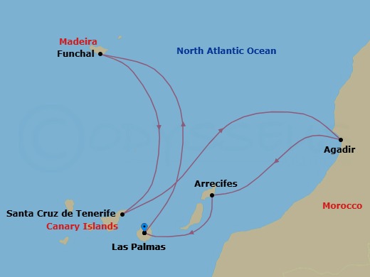 7 Night - Western Mediterranean from Las Palmas - Costa Smeralda - Starting in Las Palmas (Gran Canaria), Funchal (Madeira), Santa Cruz de Tenerife, Agadir, Arrecife (Lanzarote), Las Palmas (Gran Canaria) itinerary map