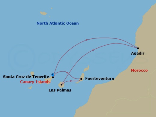7 Night - Western Mediterranean from S. Cruz De Tenerife - Costa Smeralda - Starting in Santa Cruz de Tenerife, Agadir, Las Palmas (Gran Canaria), Port Rosario (Fuerteventura), Santa Cruz de Tenerife itinerary map