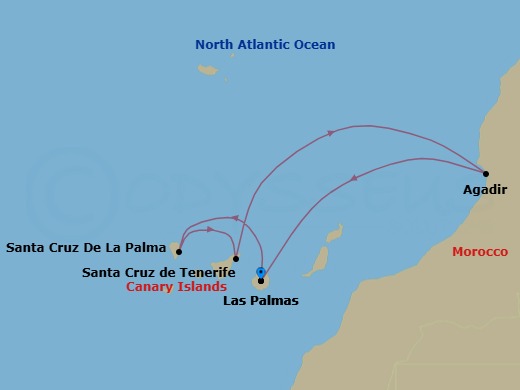 7 Night - Western Mediterranean from Las Palmas - Costa Smeralda - Starting in Las Palmas (Gran Canaria), Santa Cruz de La Palma, Santa Cruz de Tenerife, Agadir, Las Palmas (Gran Canaria) itinerary map