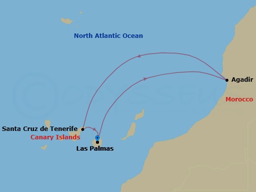 7 Night - Western Mediterranean from Las Palmas - Costa Smeralda - Starting in Las Palmas (Gran Canaria), Agadir, Santa Cruz de Tenerife, Las Palmas (Gran Canaria) itinerary map