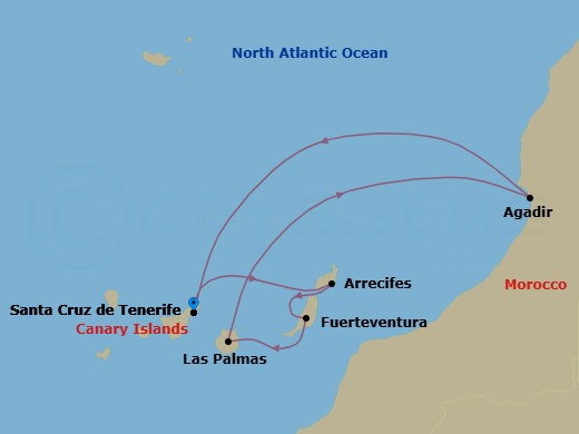7 Night - Western Mediterranean from S. Cruz De Tenerife - Costa Smeralda - Starting in Santa Cruz de Tenerife, Arrecife (Lanzarote), Port Rosario (Fuerteventura), Las Palmas (Gran Canaria), Agadir, Santa Cruz de Tenerife itinerary map