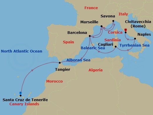12 Night - Western Mediterranean from Santa Cruz (Tenerife) - Costa Smeralda - Starting in Santa Cruz de Tenerife, Tangier, Barcelona, Marseille, Savona, Marseille, Barcelona, Cagliari, Naples, Civitavecchia (Rome) itinerary map