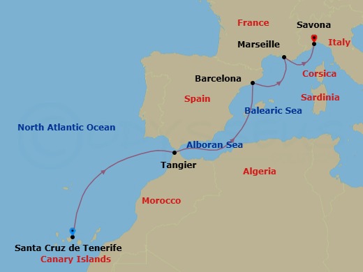 6 Night - Western Mediterranean from Santa Cruz (Tenerife) - Costa Smeralda - Starting in Santa Cruz de Tenerife, Tangier, Barcelona, Marseille, Savona itinerary map