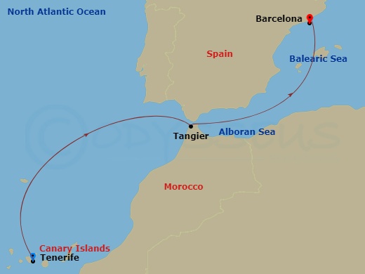 4 Night - Western Mediterranean from Santa Cruz (Tenerife) - Costa Smeralda - Starting in Santa Cruz de Tenerife, Tangier, Barcelona itinerary map