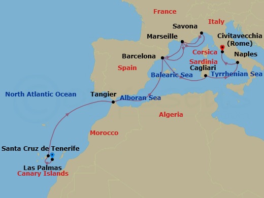 13 Night - Western Mediterranean from Las Palmas (Gran Canaria) - Costa Smeralda - Starting in Las Palmas (Gran Canaria), Santa Cruz de Tenerife, Tangier, Barcelona, Marseille, Savona, Marseille, Barcelona, Cagliari, Naples, Civitavecchia (Rome) itinerary map