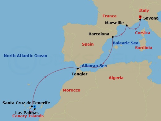7 Night - Western Mediterranean from Las Palmas (Gran Canaria) - Costa Smeralda - Starting in Las Palmas (Gran Canaria), Santa Cruz de Tenerife, Tangier, Barcelona, Marseille, Savona itinerary map