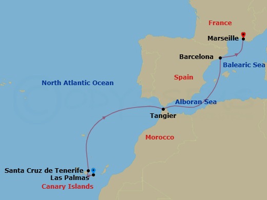 6 Night - Western Mediterranean from Las Palmas (Gran Canaria) - Costa Smeralda - Starting in Las Palmas (Gran Canaria), Santa Cruz de Tenerife, Tangier, Barcelona, Marseille itinerary map