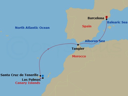 5 Night - Western Mediterranean from Las Palmas (Gran Canaria) - Costa Smeralda - Starting in Las Palmas (Gran Canaria), Santa Cruz de Tenerife, Tangier, Barcelona itinerary map