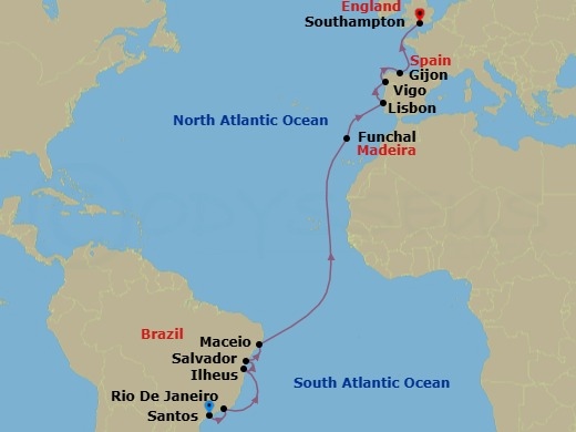 19 Night - Msc Grand Voyages - MSC Meraviglia - Starting in Santos (Sao Paulo), Brazil, Rio De Janeiro, Brazil, Ilheus, Brazil, Salvador, Brazil, Maceio, Brazil, Funchal (Madeira Islands), Portugal, Lisbon (Cascais), Portugal, Vigo (Santiago De Compostela), Spain, Gijon, Spain, Southampton (London), United Kingdom itinerary map