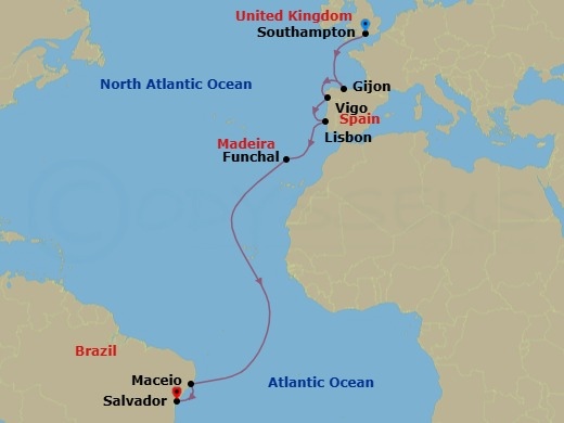 15 Night - Msc Grand Voyages - MSC Meraviglia - Starting in Southampton (London), United Kingdom, Gijon, Spain, Vigo (Santiago De Compostela), Spain, Lisbon (Cascais), Portugal, Funchal (Madeira Islands), Portugal, Maceio, Brazil, Salvador, Brazil itinerary map