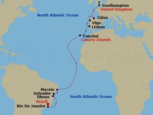 18 Night - Msc Grand Voyages - MSC Meraviglia - Starting in Southampton (London), United Kingdom, Gijon, Spain, Vigo (Santiago De Compostela), Spain, Lisbon (Cascais), Portugal, Funchal (Madeira Islands), Portugal, Maceio, Brazil, Salvador, Brazil, Ilheus, Brazil, Rio De Janeiro, Brazil itinerary map