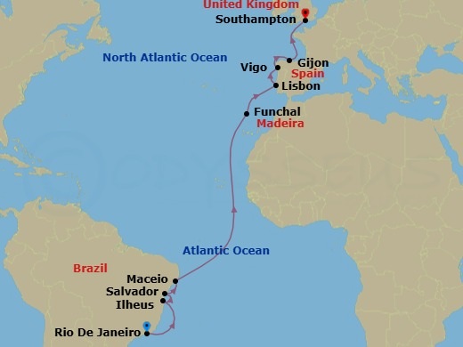 18 Night - Msc Grand Voyages - MSC Meraviglia - Starting in Rio De Janeiro, Brazil, Ilheus, Brazil, Salvador, Brazil, Maceio, Brazil, Funchal (Madeira Islands), Portugal, Lisbon (Cascais), Portugal, Vigo (Santiago De Compostela), Spain, Gijon, Spain, Southampton (London), United Kingdom itinerary map