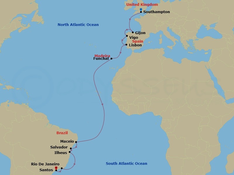 19 Night - Msc Grand Voyages - MSC Meraviglia - Starting in Southampton (London), United Kingdom, Gijon, Spain, Vigo (Santiago De Compostela), Spain, Lisbon (Cascais), Portugal, Funchal (Madeira Islands), Portugal, Maceio, Brazil, Salvador, Brazil, Ilheus, Brazil, Rio De Janeiro, Brazil, Santos (Sao Paulo), Brazil itinerary map