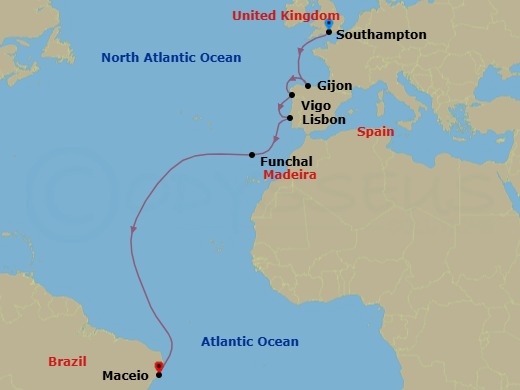 14 Night - Msc Grand Voyages - MSC Meraviglia - Starting in Southampton (London), United Kingdom, Gijon, Spain, Vigo (Santiago De Compostela), Spain, Lisbon (Cascais), Portugal, Funchal (Madeira Islands), Portugal, Maceio, Brazil itinerary map
