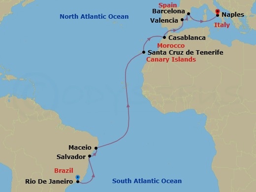 17 Night - Msc Grand Voyages - MSC Divina - Starting in Rio De Janeiro, Brazil, Salvador, Brazil, Maceio, Brazil, Santa Cruz de Tenerife, Casablanca (Marrakesh), Morocco, Valencia, Spain, Barcelona, Spain, Naples (Pompeii), Italy itinerary map