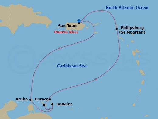 7 Night - Southern Caribbean Cruise from San Juan - Disney Fantasy - Starting in San Juan, Aruba, Bonaire, Curacao, Philipsburg, St Maarten, San Juan itinerary map