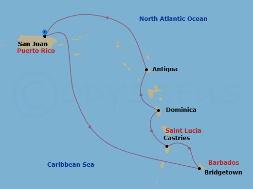 7 Night - Southern Caribbean Cruise from San Juan - Disney Fantasy - Starting in San Juan, Barbados, St Lucia, Dominica, Antigua, San Juan itinerary map