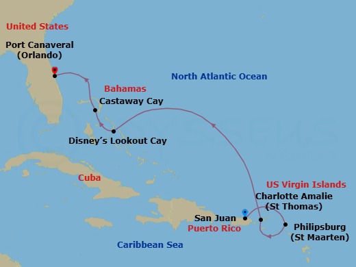 6 Night - Eastern Caribbean Cruise from San Juan Ending in Port Canaveral - Disney Fantasy - Starting in San Juan, Philipsburg, St Maarten, St Thomas, US Virgin Islands, Disney Lookout Cay, Castaway Cay, Port Canaveral itinerary map