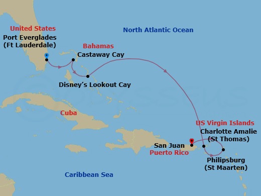 6 Night - Eastern Caribbean Cruise from Fort Lauderdale Ending San Juan - Disney Fantasy - Starting in Port Everglades, Castaway Cay, Disney Lookout Cay, St Thomas, US Virgin Islands, Philipsburg, St Maarten, San Juan itinerary map