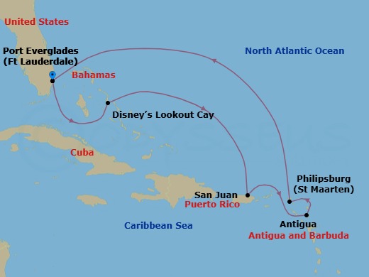 8 Night - Eastern Caribbean Cruise from Fort Lauderdale - Disney Fantasy - Starting in Port Everglades, Disney Lookout Cay, San Juan, Antigua, Philipsburg, St Maarten, Port Everglades itinerary map