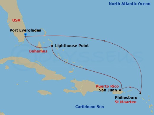 7 Night - Eastern Caribbean Cruise from Fort Lauderdale - Disney Fantasy - Starting in Port Everglades, Disney Lookout Cay, San Juan, Philipsburg, St Maarten, Port Everglades itinerary map
